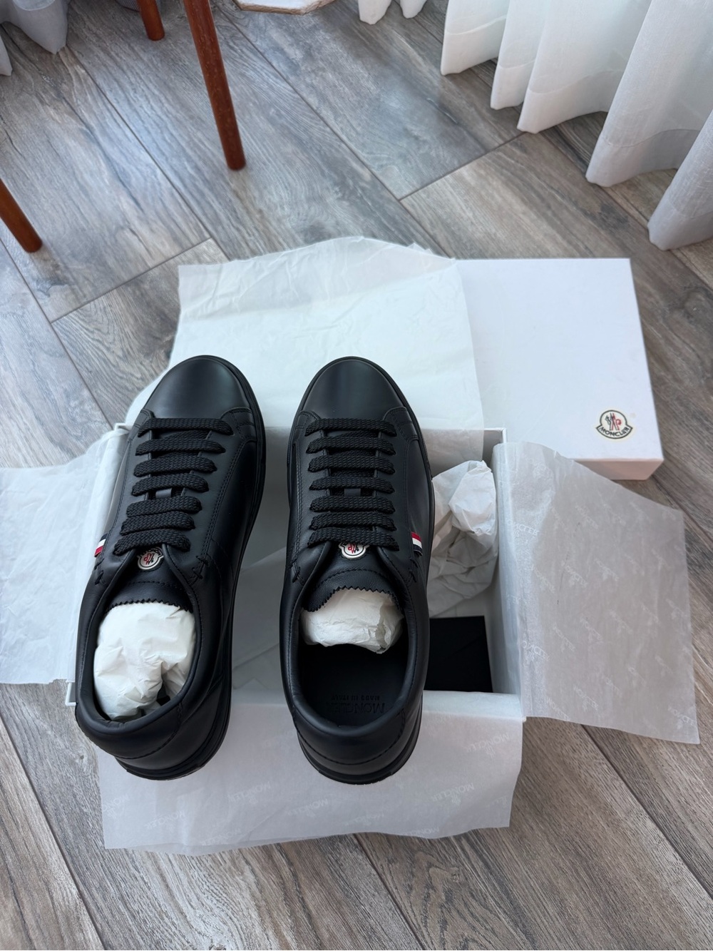 Moncler Men's Black Leather Low-Top Sneakers with Tricolor Accents